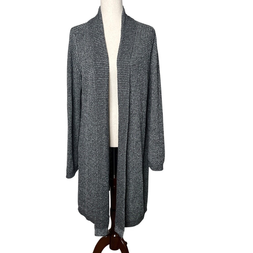 J Jill Gray Cardigan Sweater Sz Large Marled Waffle Knit Open Longline Lagenlook